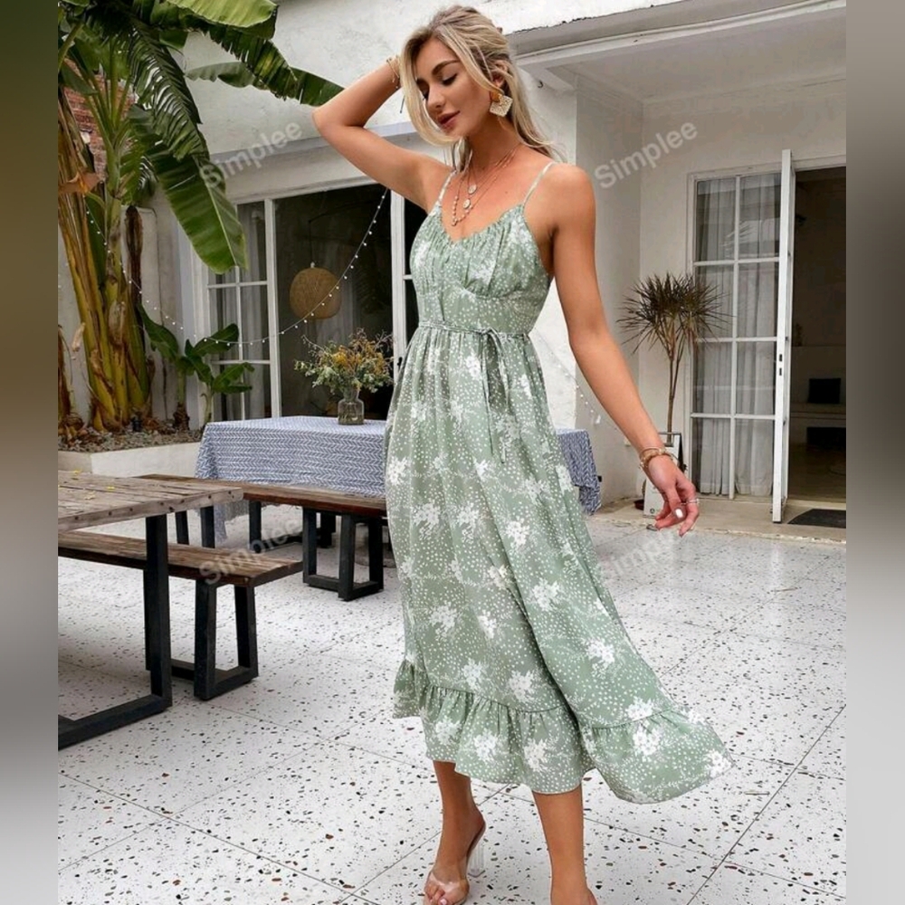 Gathered Ruffle Hem Floral Spaghetti Strap Dress